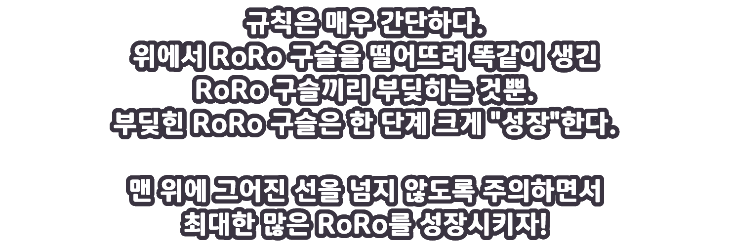 위에서 RoRo 구슬을 떨어뜨려 똑같이 생긴 RoRo 구슬끼리 부딪히는 것뿐.부딪힌 RoRo 구슬은 한 단계 크게 성장한다.